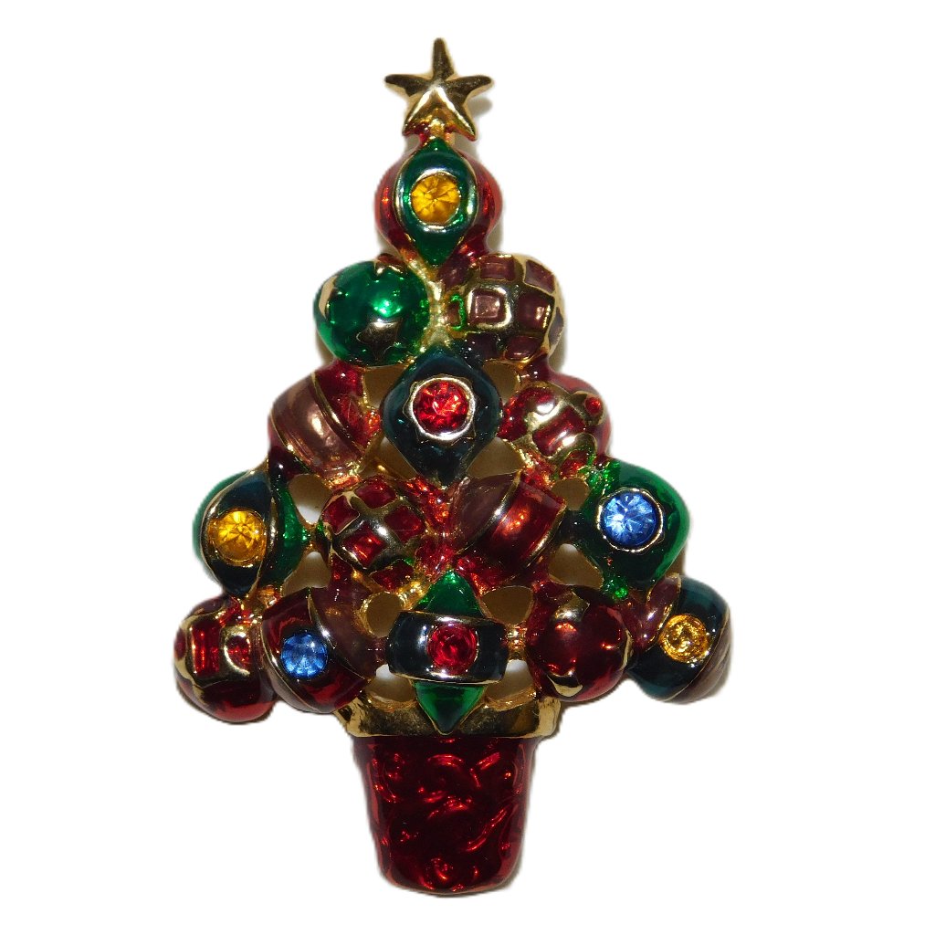Christopher Radko Pin Red Green Blue Christmas Tree Ornaments Signed Brooch